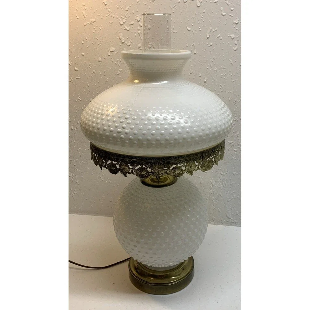 Vintage Hobnail Milk Glass Lamp Hurricane Parlor Gone With The Wind